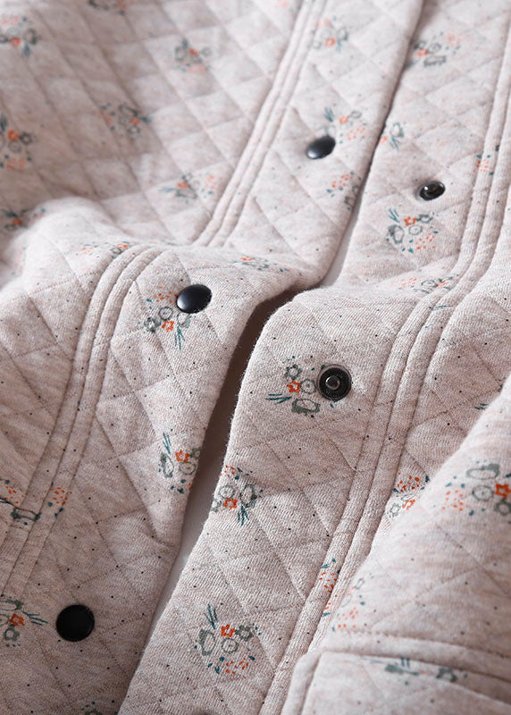 Unique Apricot O-neck Print Button Pockets Thick Cotton Coats Winter