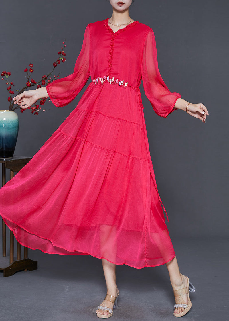 Classy Red Ruffled Silk Beach Dresses Spring