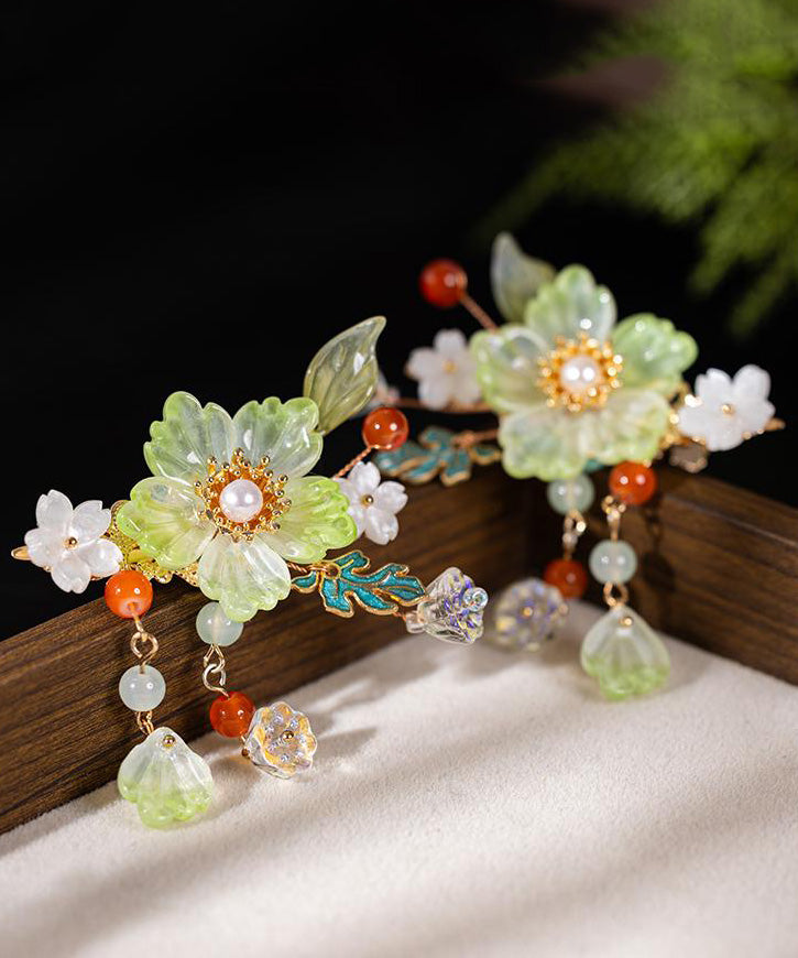 Emerald Green Alloy Pearl Colored Glaze Tassel Hairpin