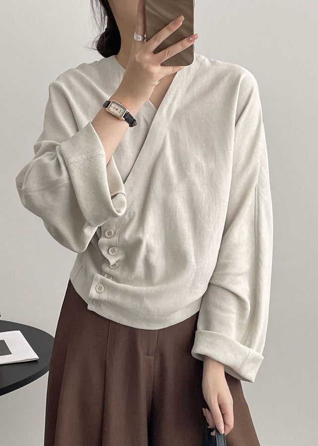 Apricot V Neck Asymmetrical Cozy Top Long Sleeve Spring
