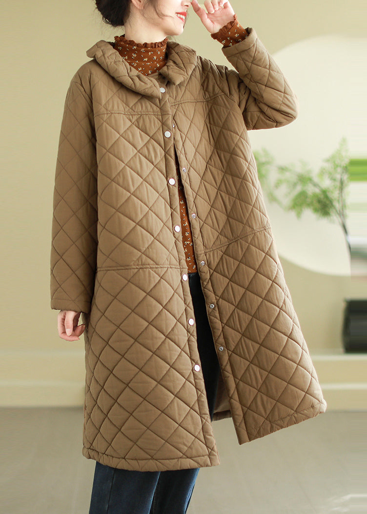 Khaki Plaid Fine Cotton Filled Jacket in Winter Peter Pan Collar