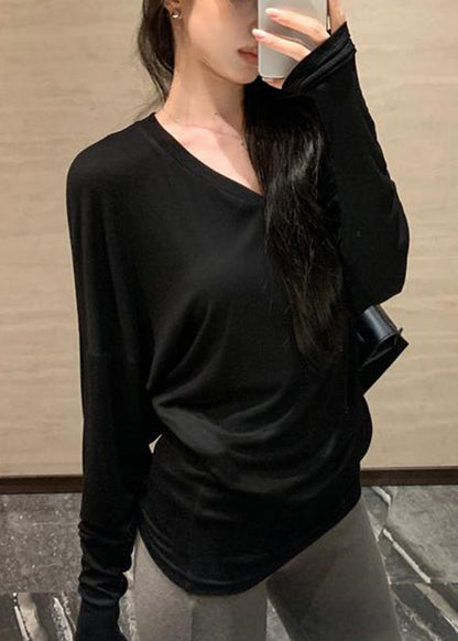 Loose Black Cozy Cotton T Shirts Batwing Sleeve