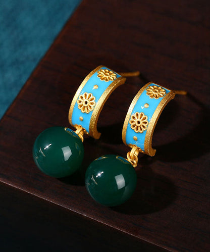 Retro Blue Ancient Gold Chalcedony Hoop Earrings