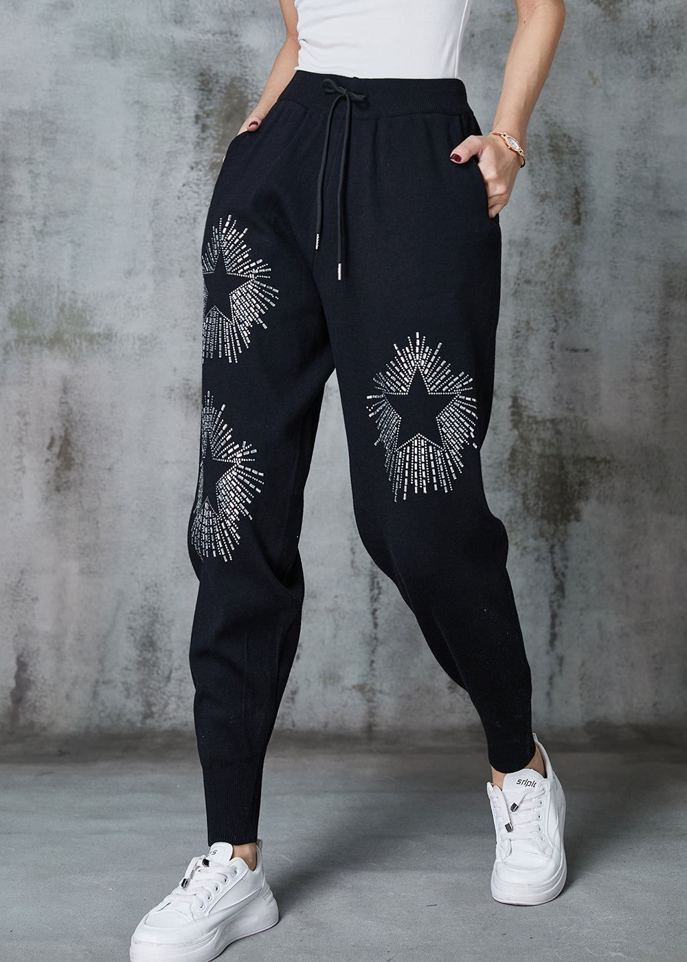 Diy Black Elastic Waist Zircon Cotton Harem Pants Spring