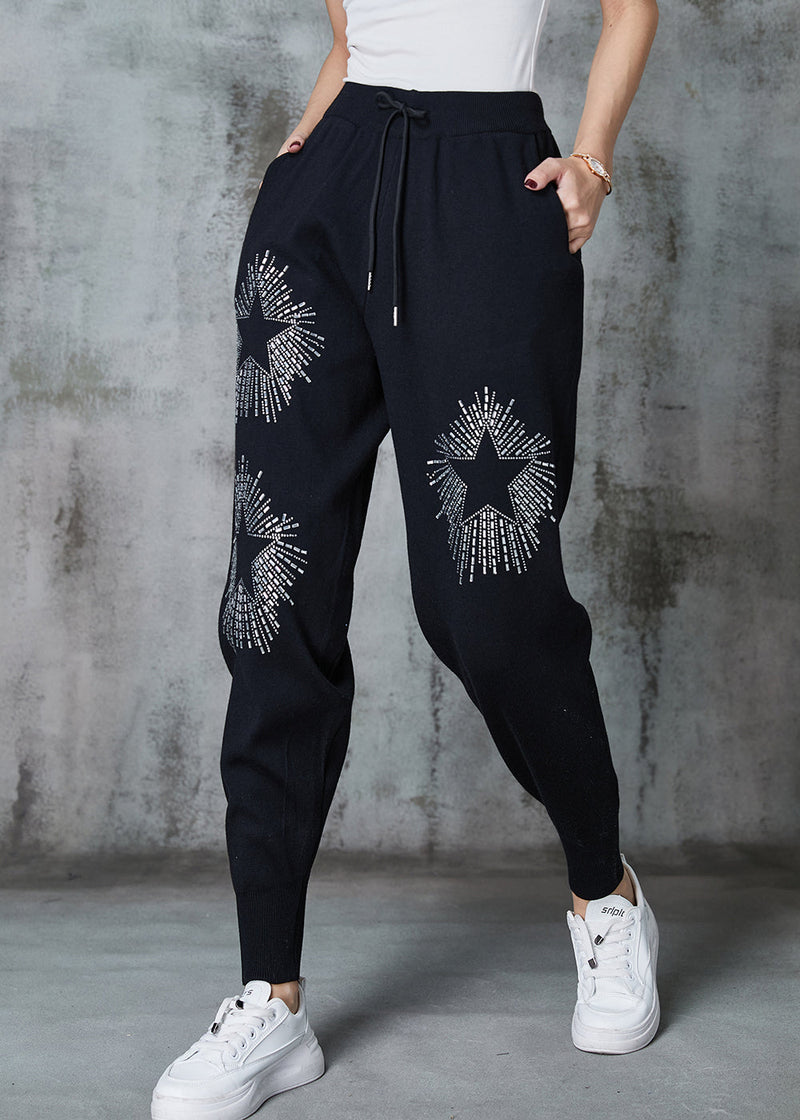 Diy Black Elastic Waist Zircon Cotton Harem Pants Spring