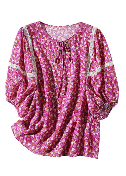 Rose O-neck Print Neck Tie Silk Tops Short Sleeve