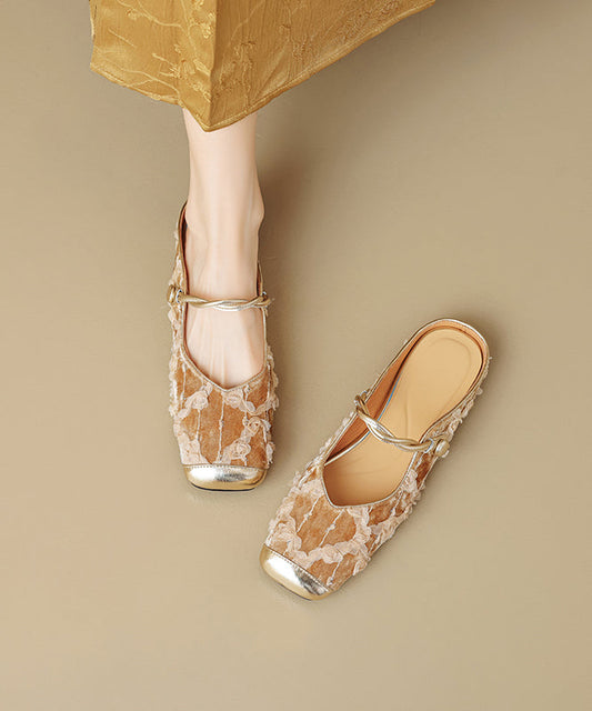 New Chinese Style Apricot Ruffled Print Cowhide Leather Slide Sandals