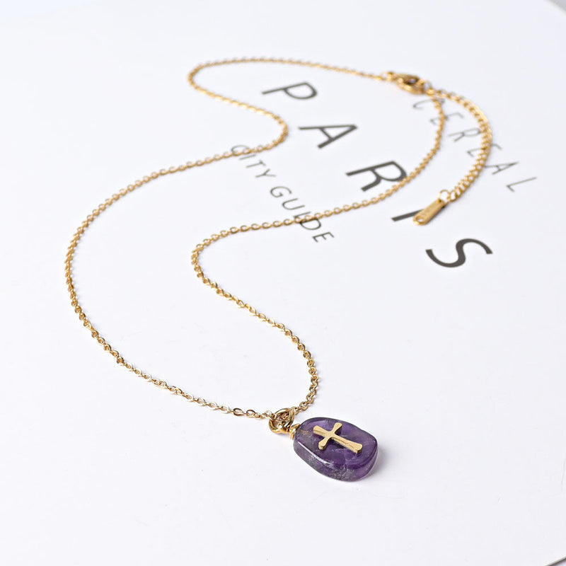 Amethyst Peach Aventurine Necklace With Golden Cross Charm