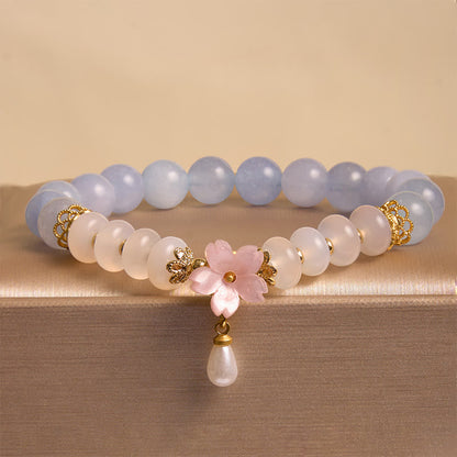 Aquamarine White Agate Flower Healing Bracelet 14cm