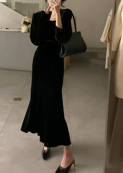 Slim Fit Black Square Collar Silk Velour Long Dresses Long Sleeve