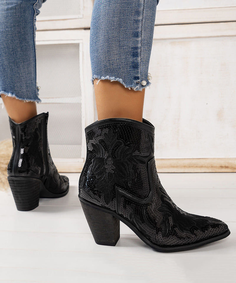 Black Embossed Sequins Cotton Fabric Chunky Ankle Boots
