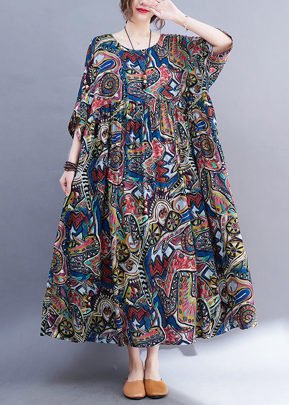 Natural Yellow O-neck Print Wrinkled Long Dress Spring