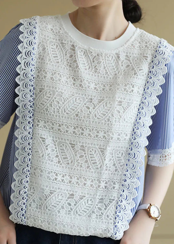 Colorblock O-neck Patchwork Striped Lace Shirt Short Sleeve