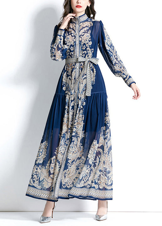 Green Stand Collar Print Tie Waist Chiffon Dress Lantern Sleeve
