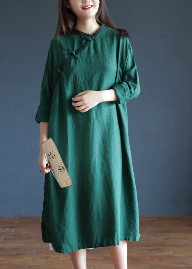 Brief Green O-neck Button Maxi Dresses Spring