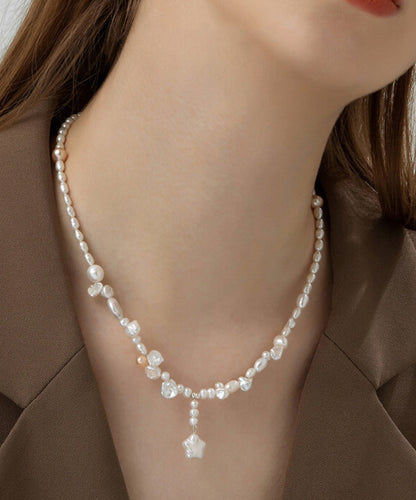 White Sterling Silver Pearl Pentagram Pendant Necklace