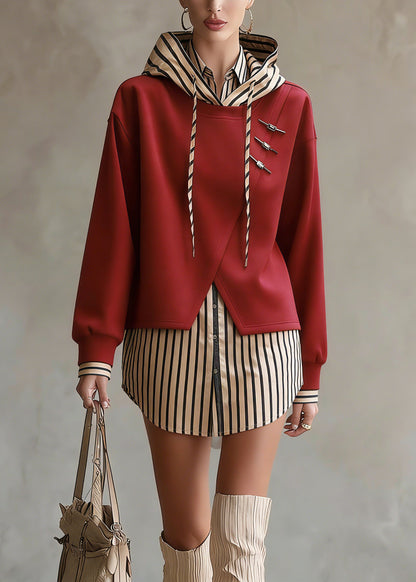 Unique Red Hooded Patchwork False Two Pieces Cotton Top Spring