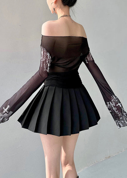 Black Slash Neck Print Tulle Top Fall