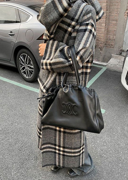 Loose Grey Plaid Patchwork Scarf and Coat Two Pieces Set Long Sleeve