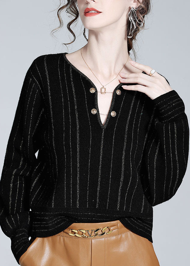 Black V Neck Striped Button Woolen Top Spring