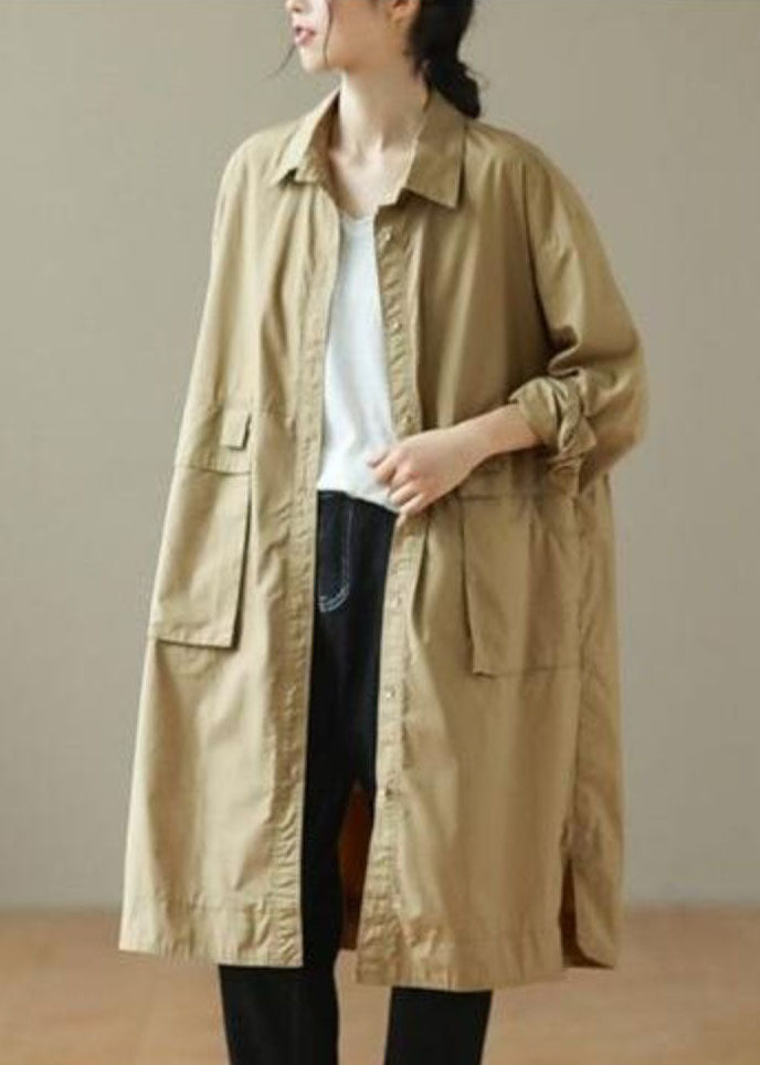 Khaki Peter Pan Collar Mid Trench Coats Long Sleeve