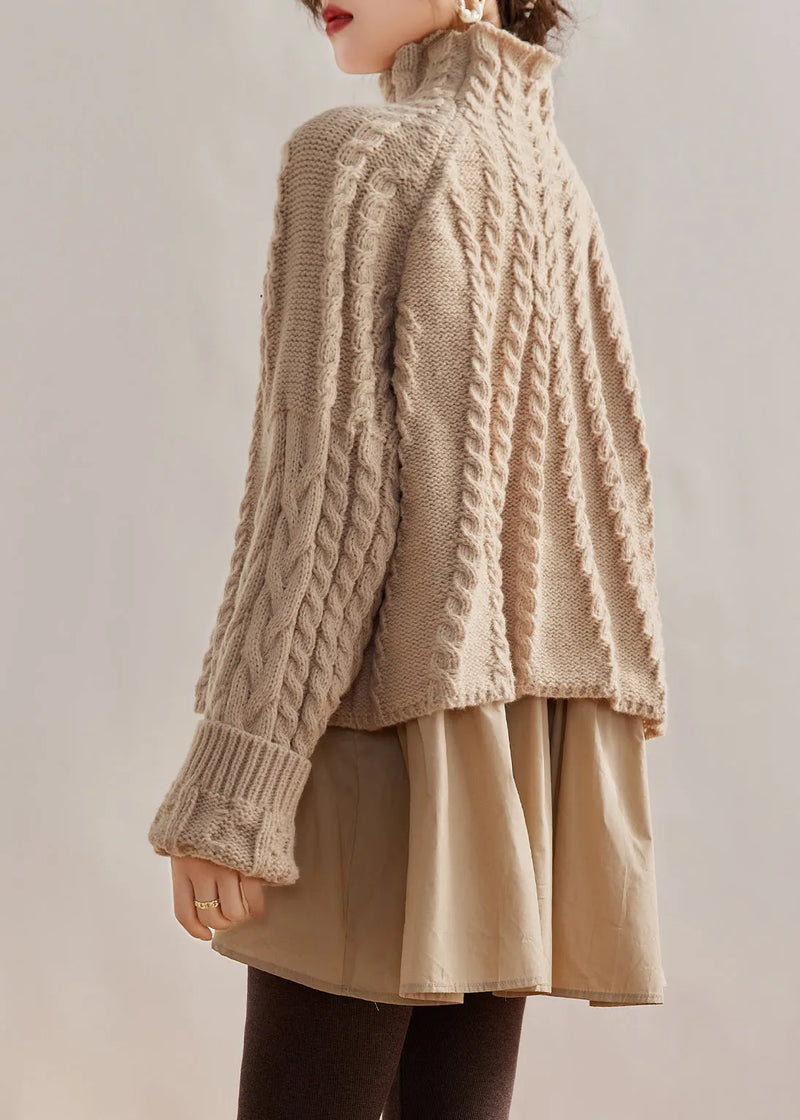 Style Beige Hign Neck False Two Pieces Knit Sweaters Winter