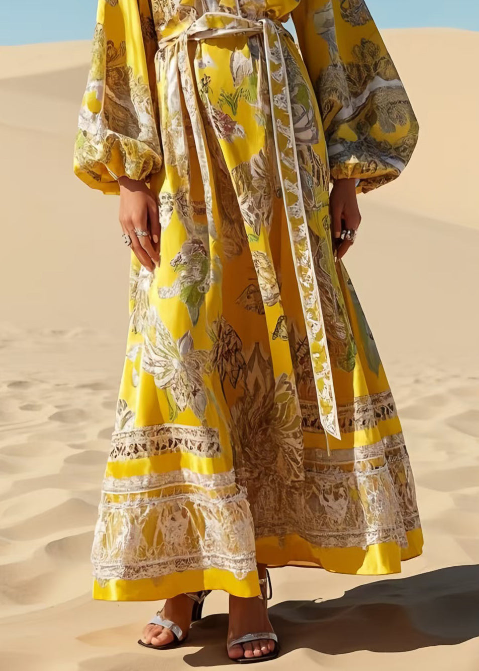 Yellow Tie Waist Print Chiffon Robe Dresses Spring