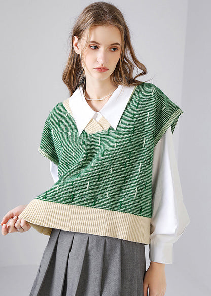 Green V Neck Patchwork Knit Tops Waistcoat Fall