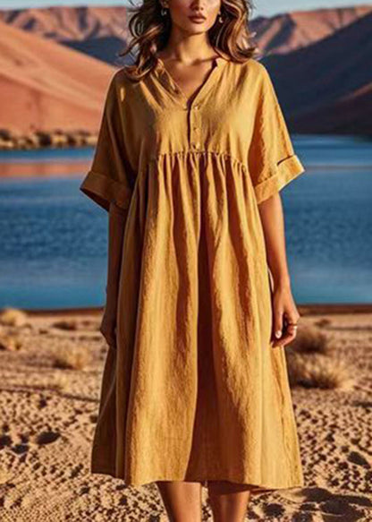 Yellow V Neck Wrinkled Patchwork Linen Dresses Summer