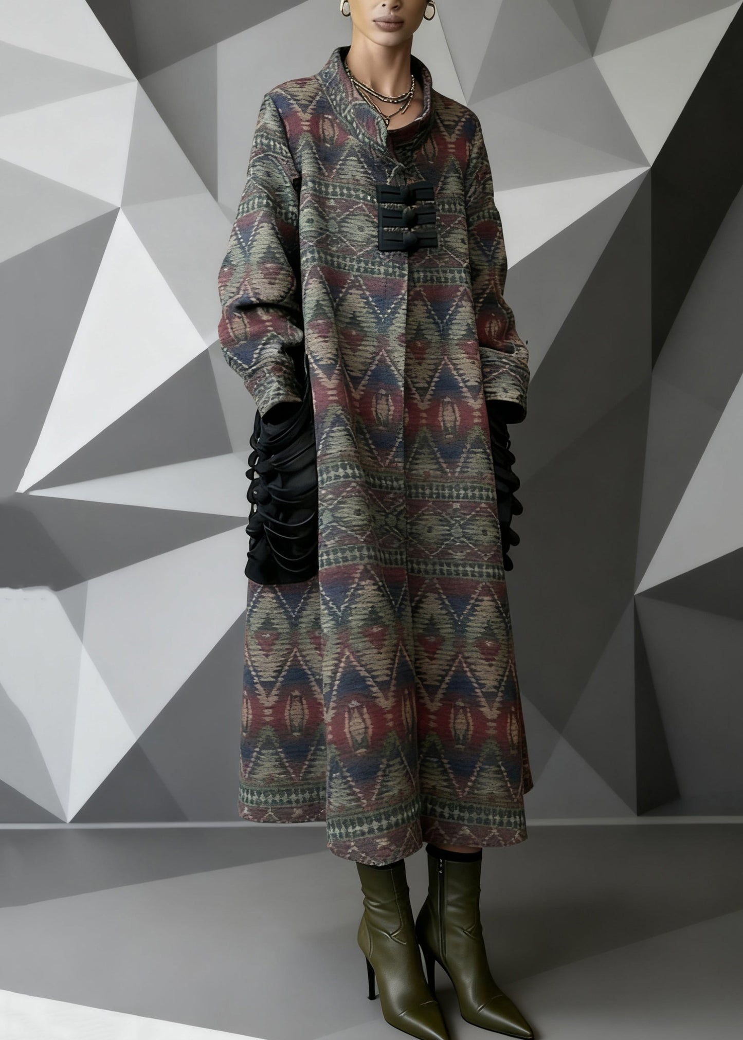 Print Pockets Patchwork Woolen Long Coat Spring