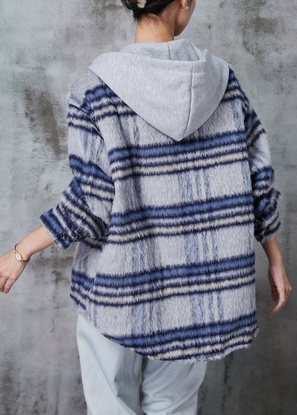 Blue Hooded Plaid Fine Cotton Filled Coat Winter