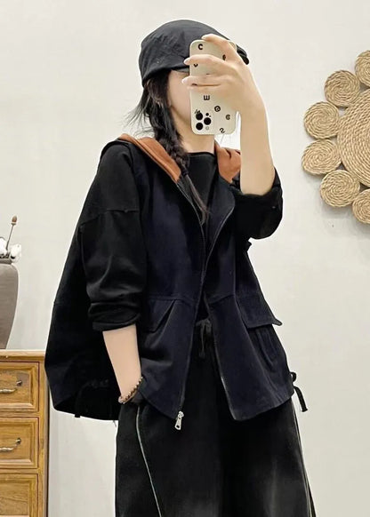 Khaki Hooded Zippered Patchwork Denim Vest Sleeveless