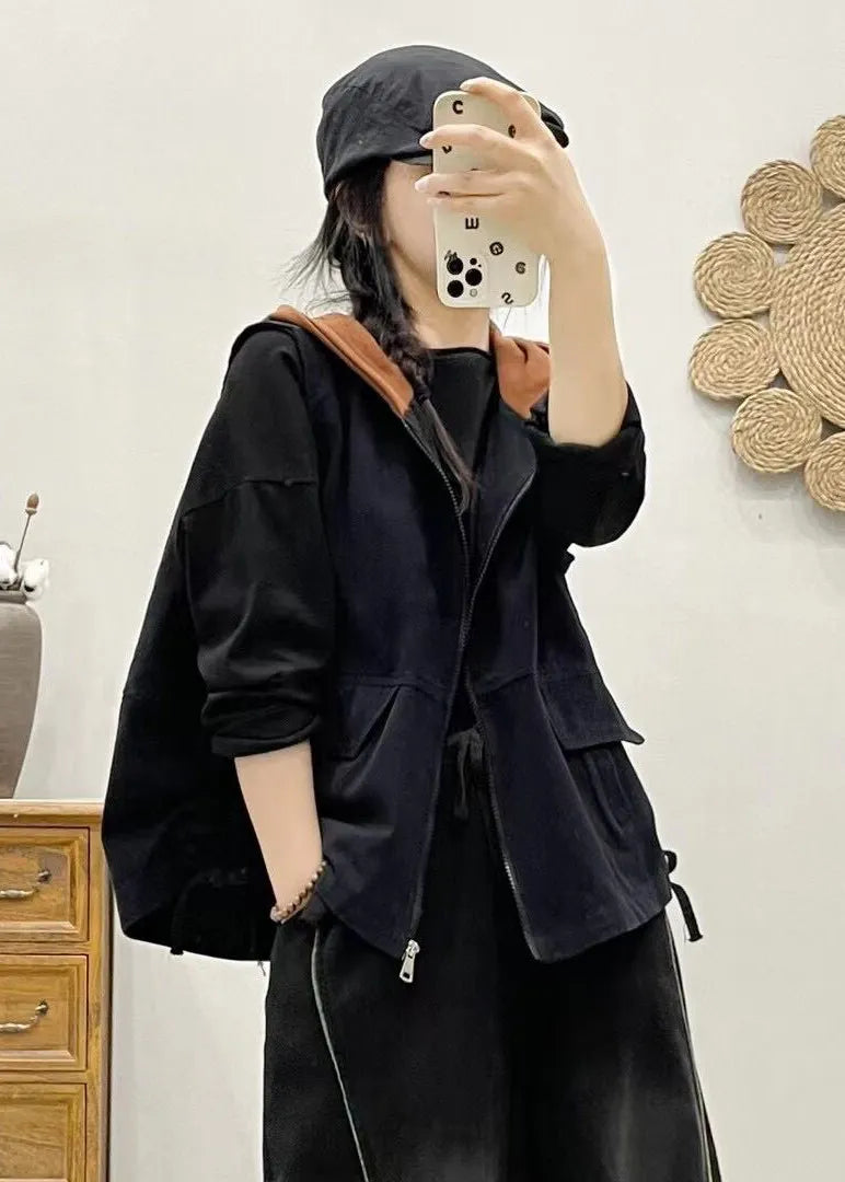 Khaki Hooded Zippered Patchwork Denim Vest Sleeveless