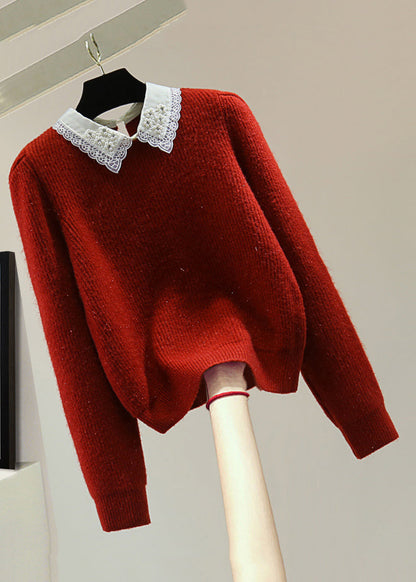 Red Peter Pan Collar Nail Bead Cotton Knit Sweater Winter