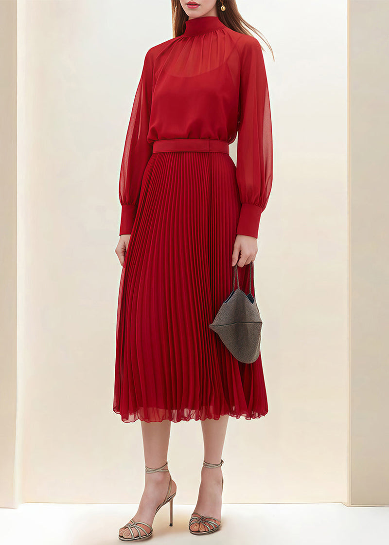 Red Wrinkled Lace Up False Two Pieces Chiffon Dress Fall