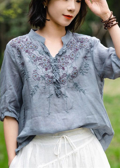 Simple White Embroideried Ruffled Linen Shirt Top Summer