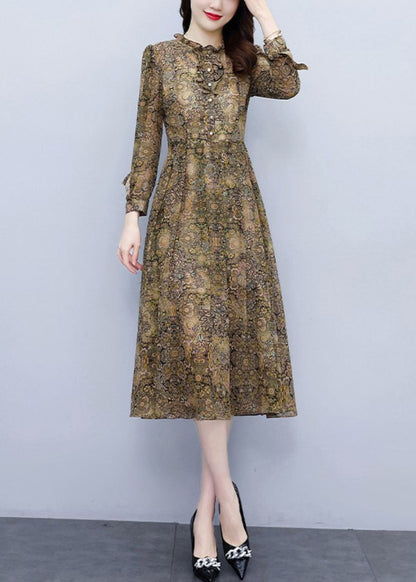 Ruffled Print High Waist Chiffon Dress Long Sleeve Fall
