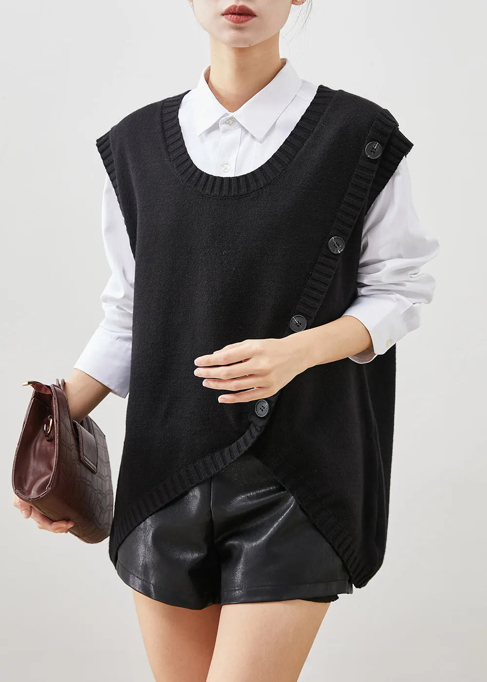 Black Asymmetrical Patchwork Knit Vest Top Fall
