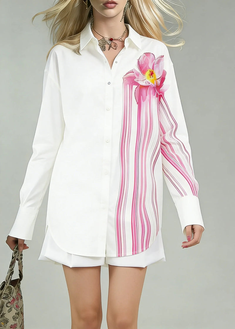 Art White Print Side Open Cotton Blouse Spring