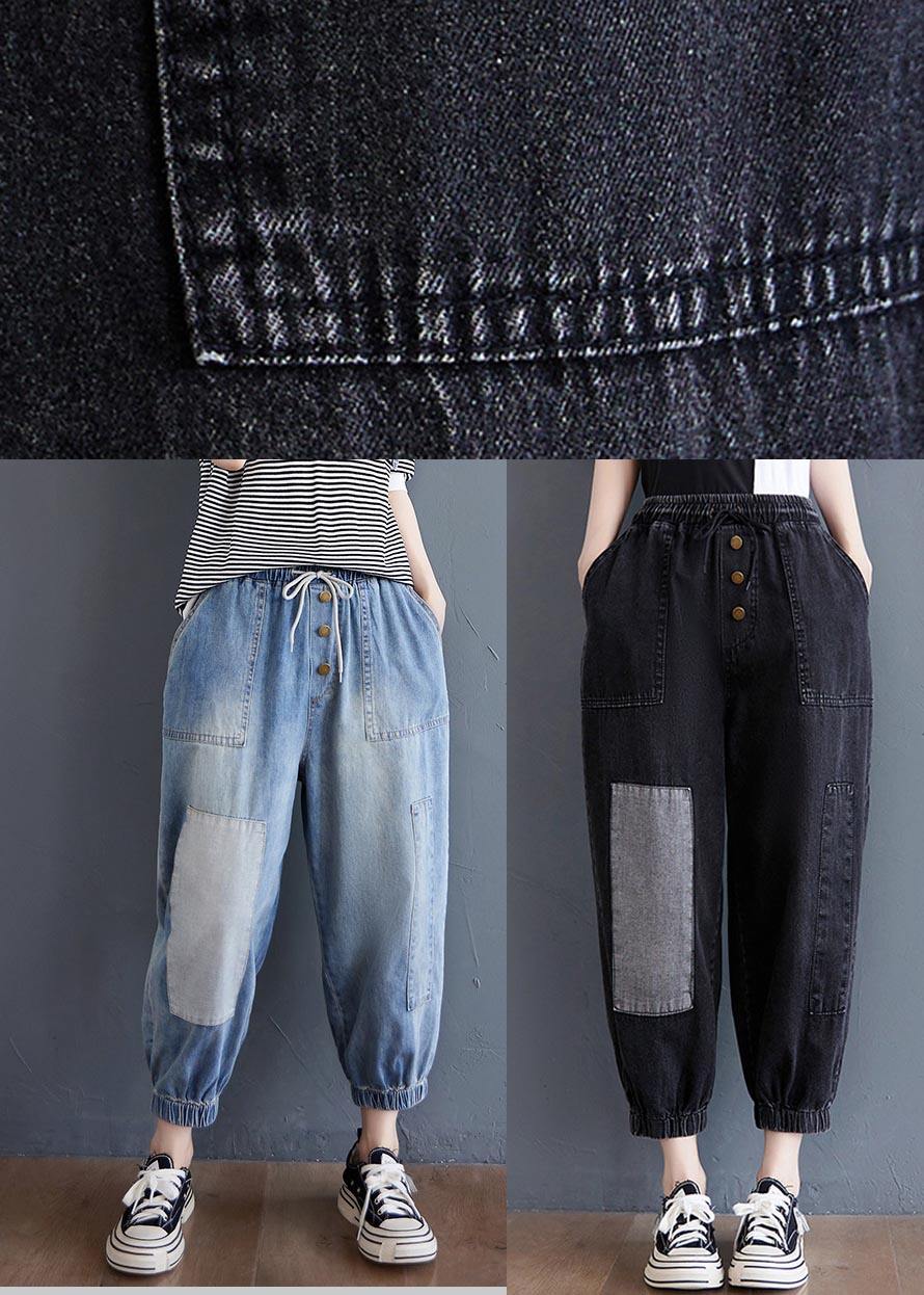 Comfy Black Patchwork Jeans Summer Cotton