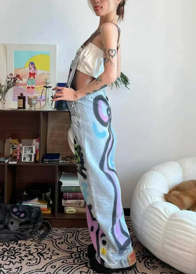 Loose Blue Patchwork Tie Dye Little Cats Pockets Denim Jumpsuit Summer