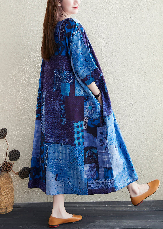 Blue O Neck Print Pockets Cotton Long Dress Summer