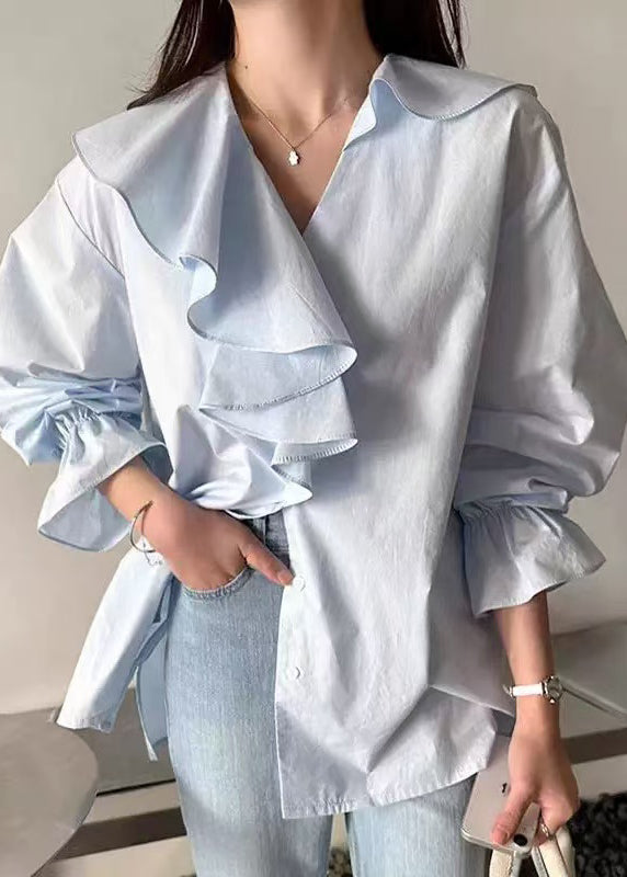 Sky Blue Asymmetrical Ruffles Cotton Shirt Fall