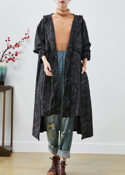 Black Asymmetrical Print Drawstring Spandex Trench Coats Fall