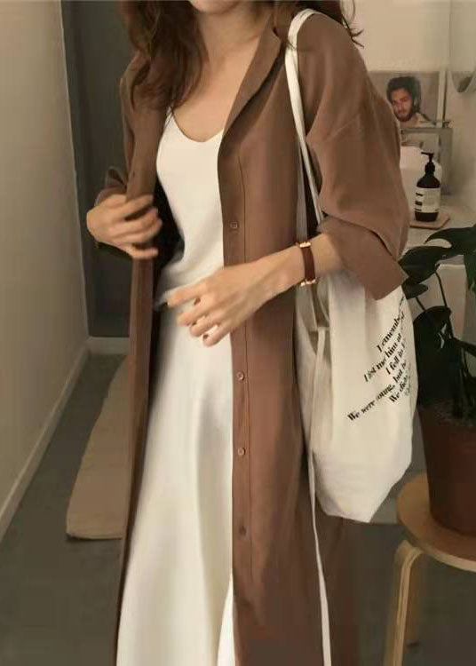 Loose Caramel Peter Pan Collar Tie Waist Cotton Shirts Dresses Spring