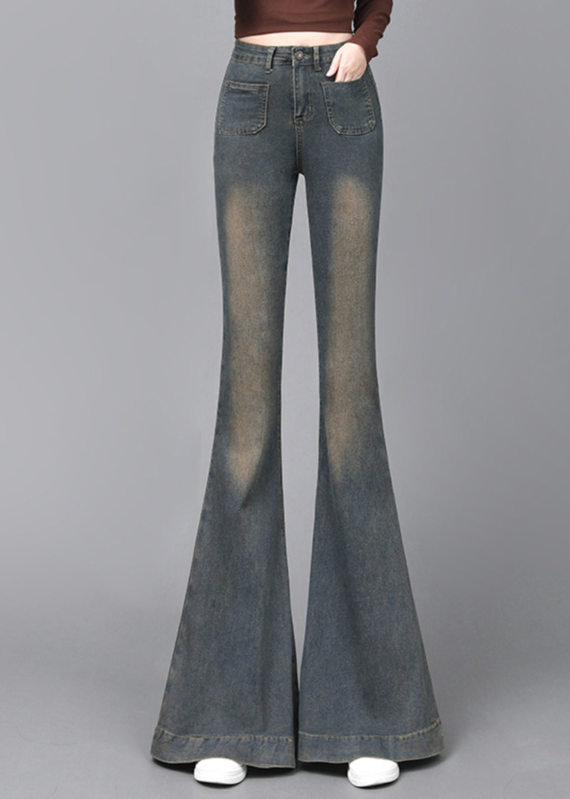 Navy High Waist With Pockets Denim Flare Bottoms Spring