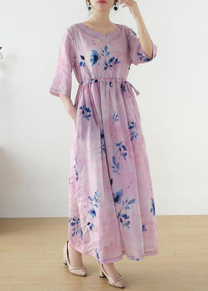 Pink Print Tie Waist Maxi Dresses Summer Ramie