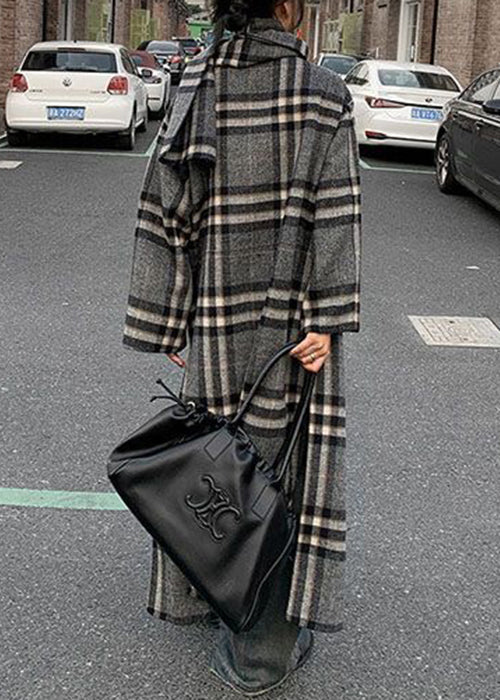 Loose Grey Plaid Patchwork Scarf and Coat Two Pieces Set Long Sleeve