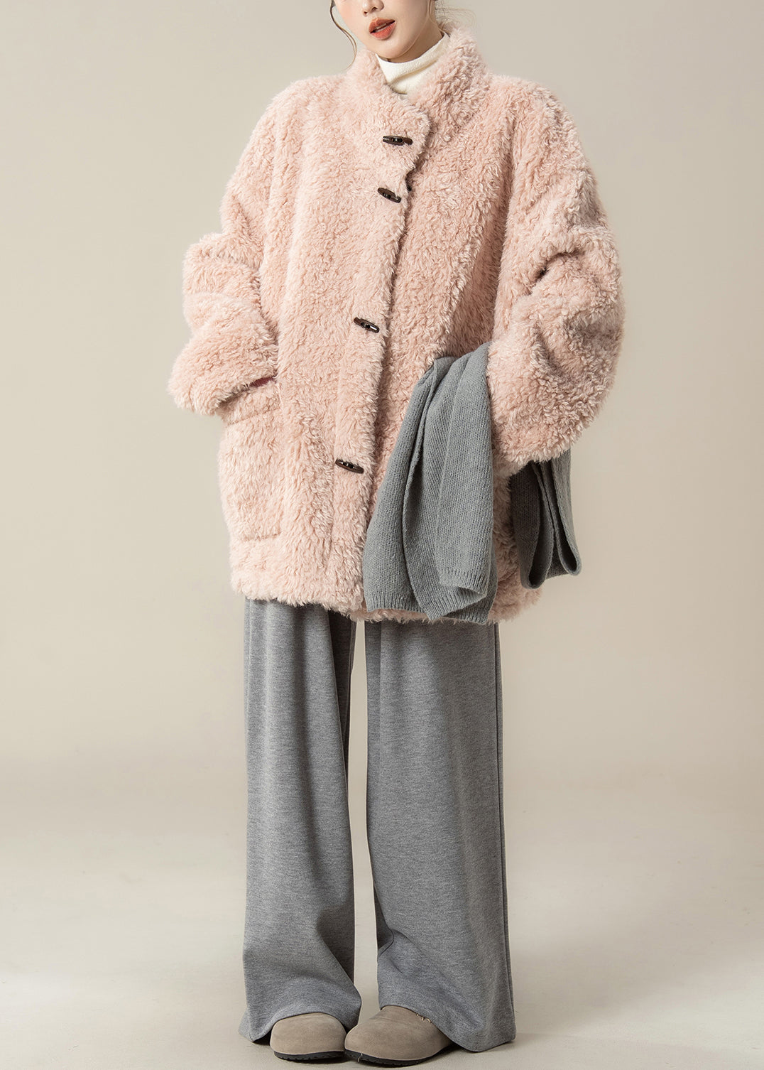 New Pink Faux Fur Coat and Grey Wide Leg Pants Set Winter