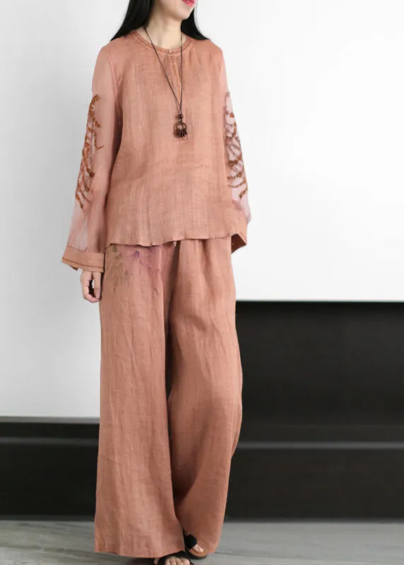 Boutique Grey O-neck Embroideried Tulle Patchwork Linen Two Piece Set Clothing Summer